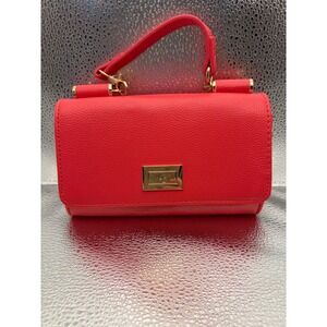 Lulu Guinness Red Pebbled Faux Leather Crossbody Bag Gold Chain Strap Top Handle